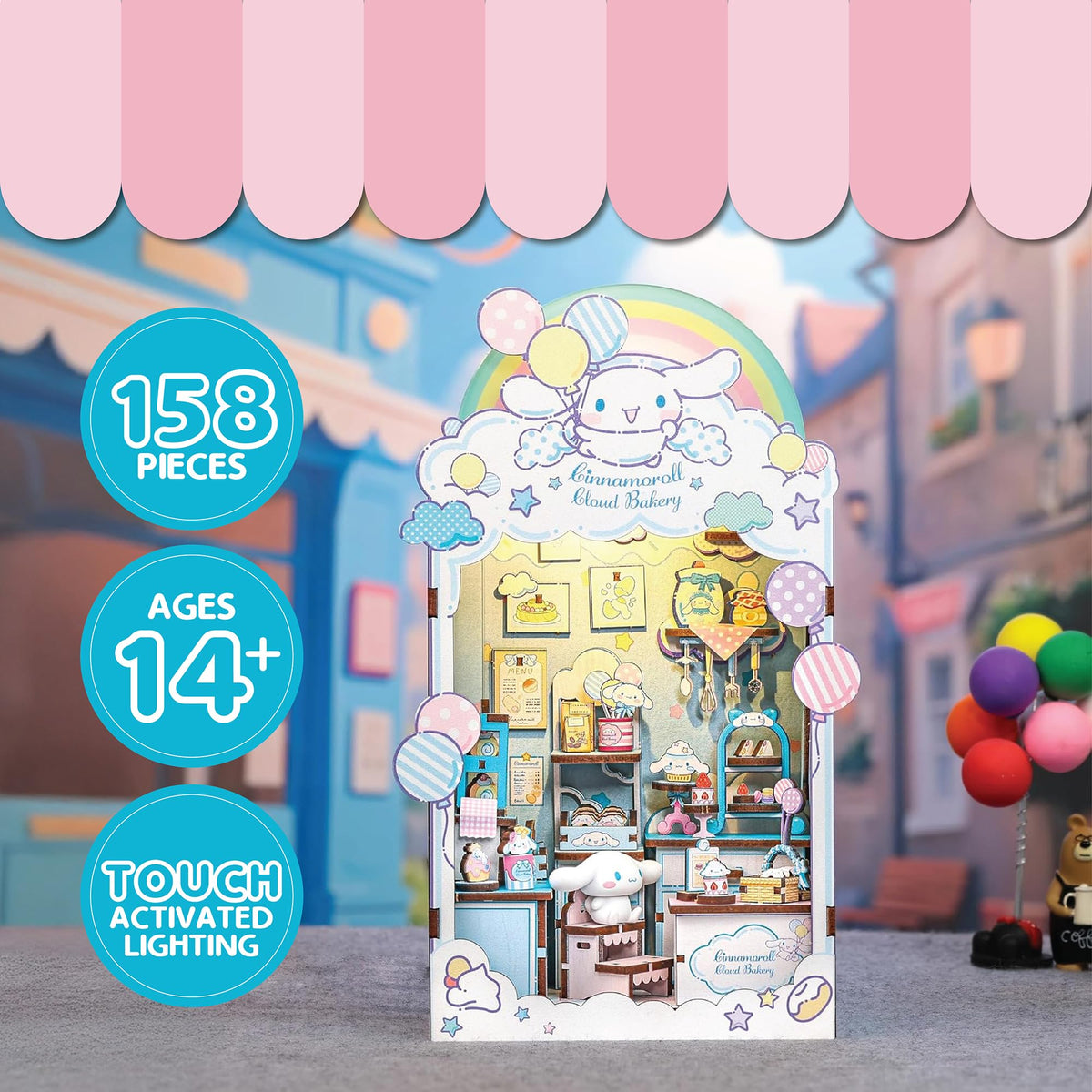 Hands Craft Cinnamoroll Cloud Bakery kit pieces laid out for precise building.