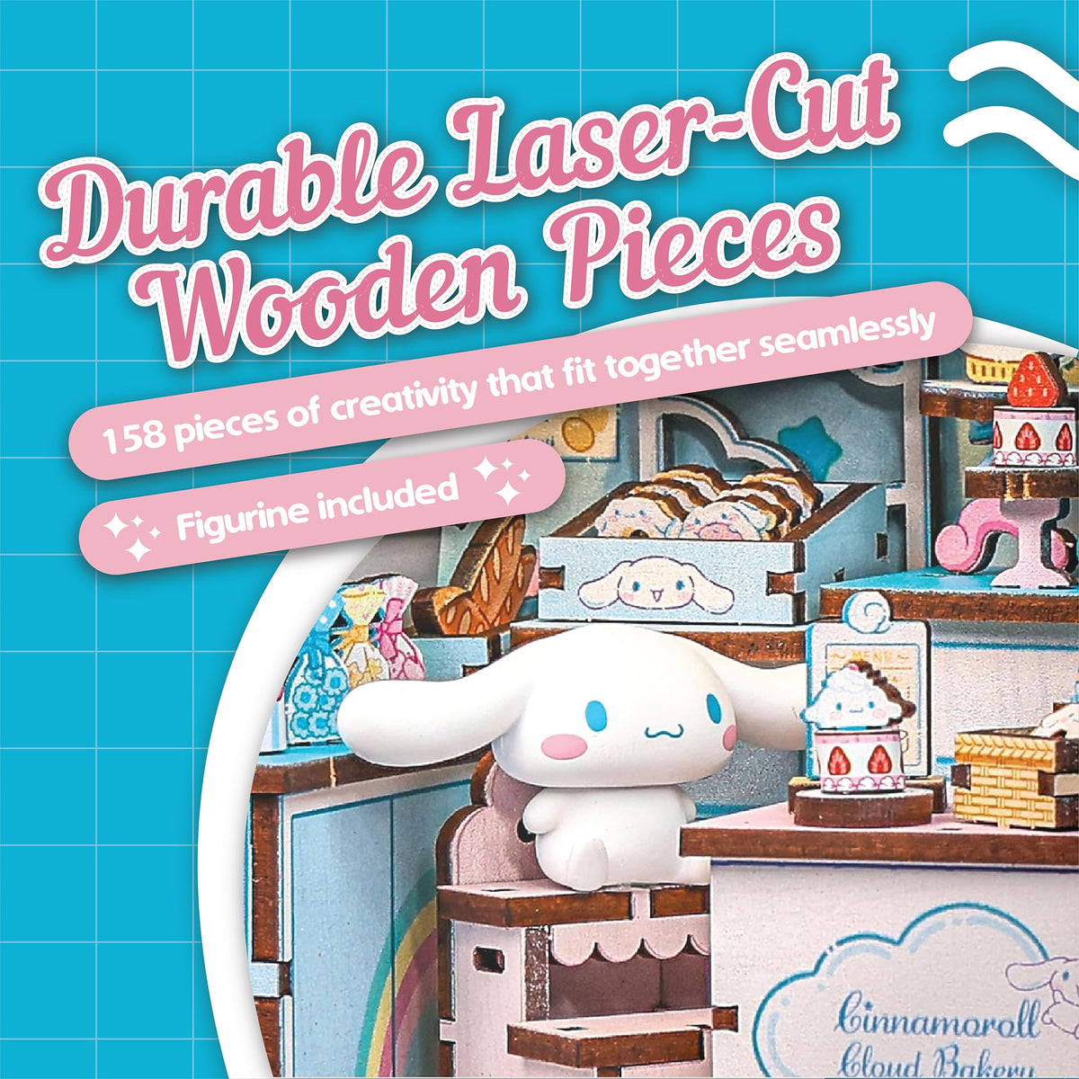 Hands Craft Cinnamoroll Cloud Bakery display assembled on a bookshelf.