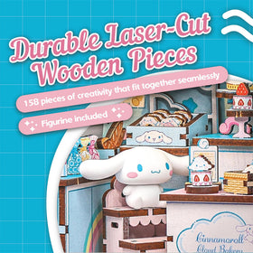 Hands Craft Cinnamoroll Cloud Bakery display assembled on a bookshelf.