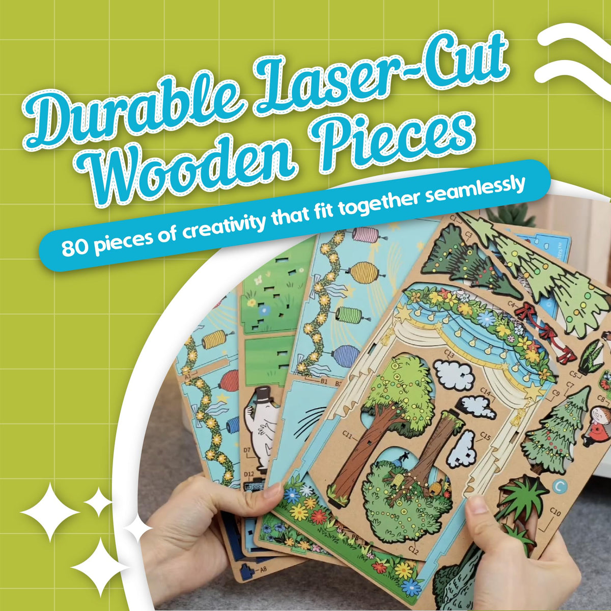 Hands Craft Laser-cut Wood Pieces precise joints for a satisfying build.