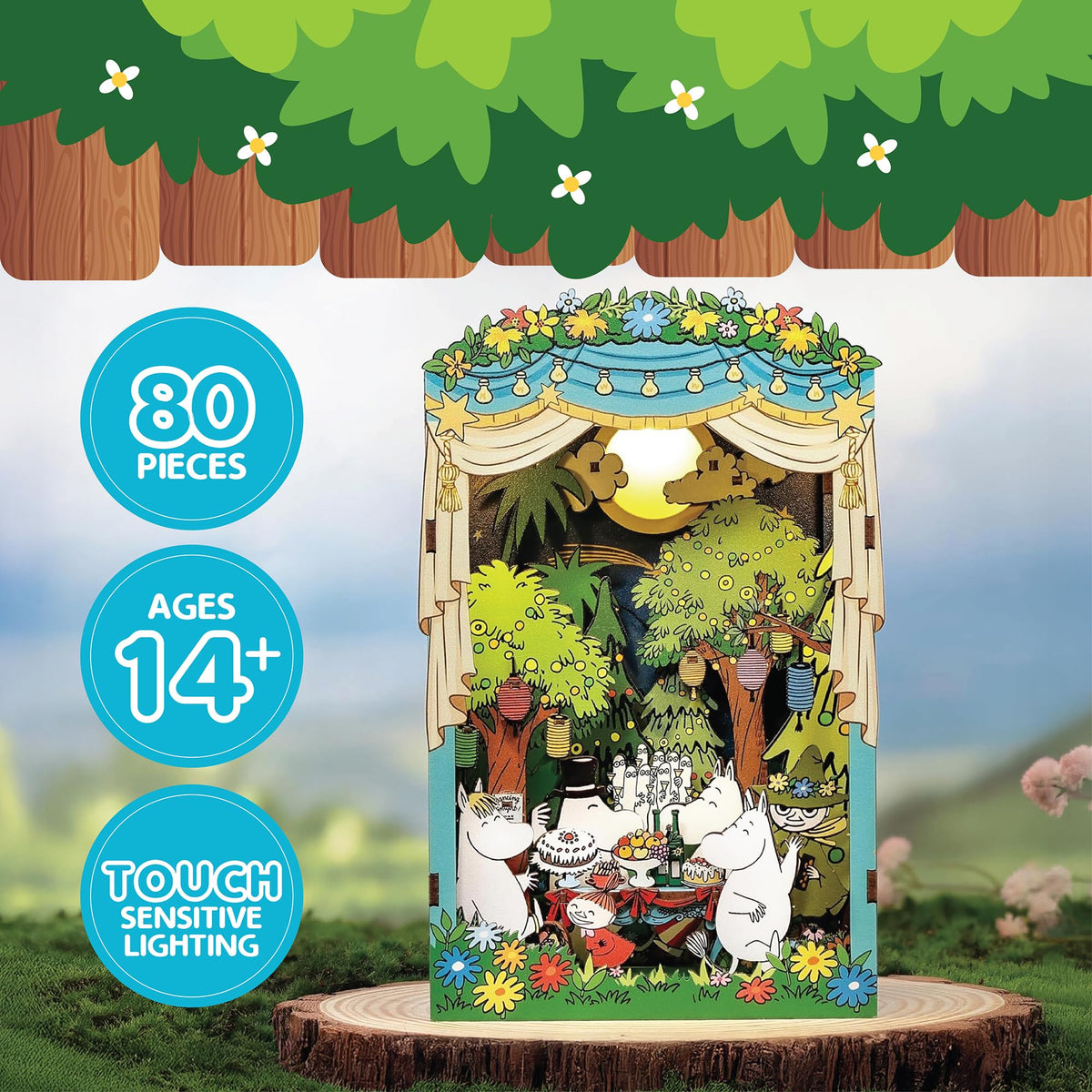 Hands Craft Glow LED Activation soft light highlights lanterns and forest backdrop.