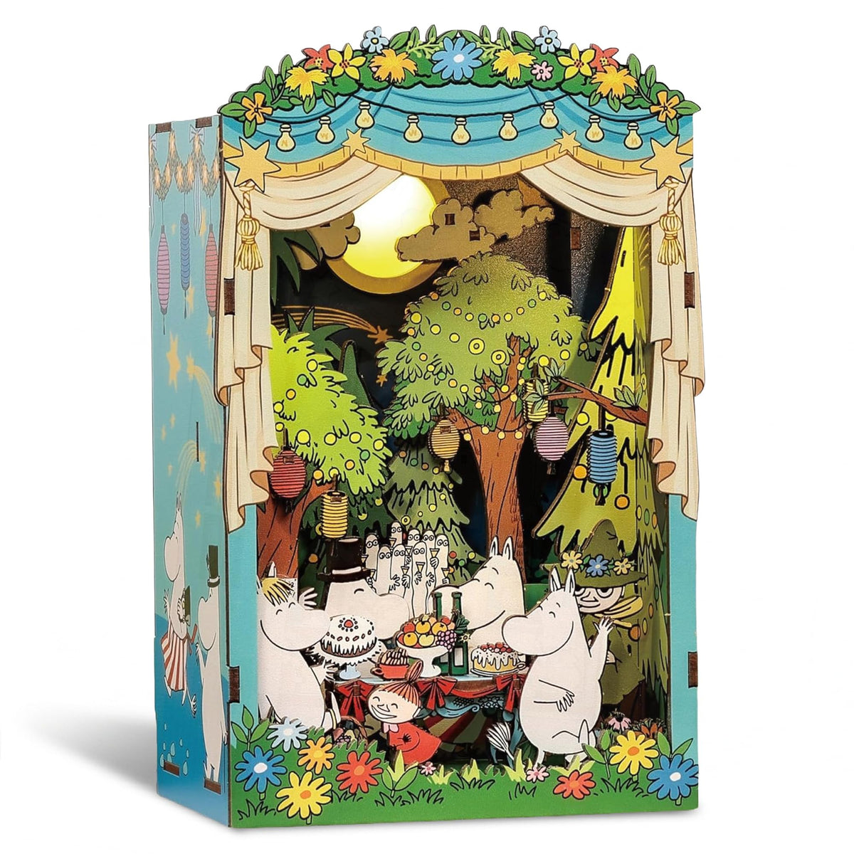 Hands Craft Moomin Book Nook Kit vibrant diorama enhances bookshelf decor and storytelling.