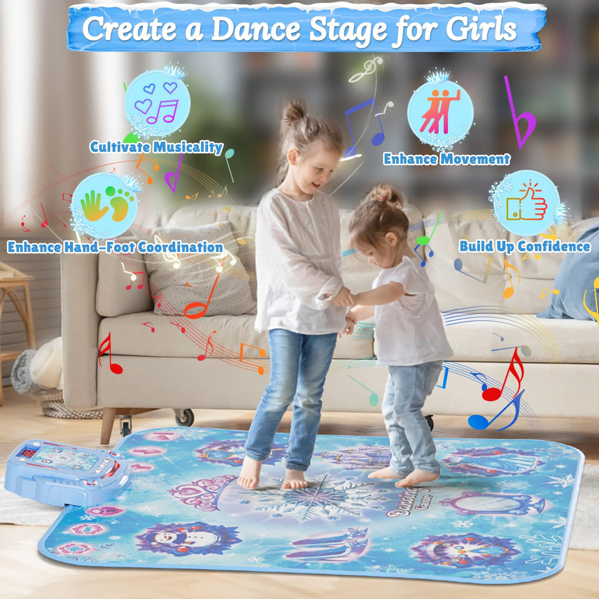 Four modes help children explore rhythm and movement safely.