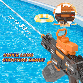 Handwell water gun demonstrates 33-foot range for long-range shots