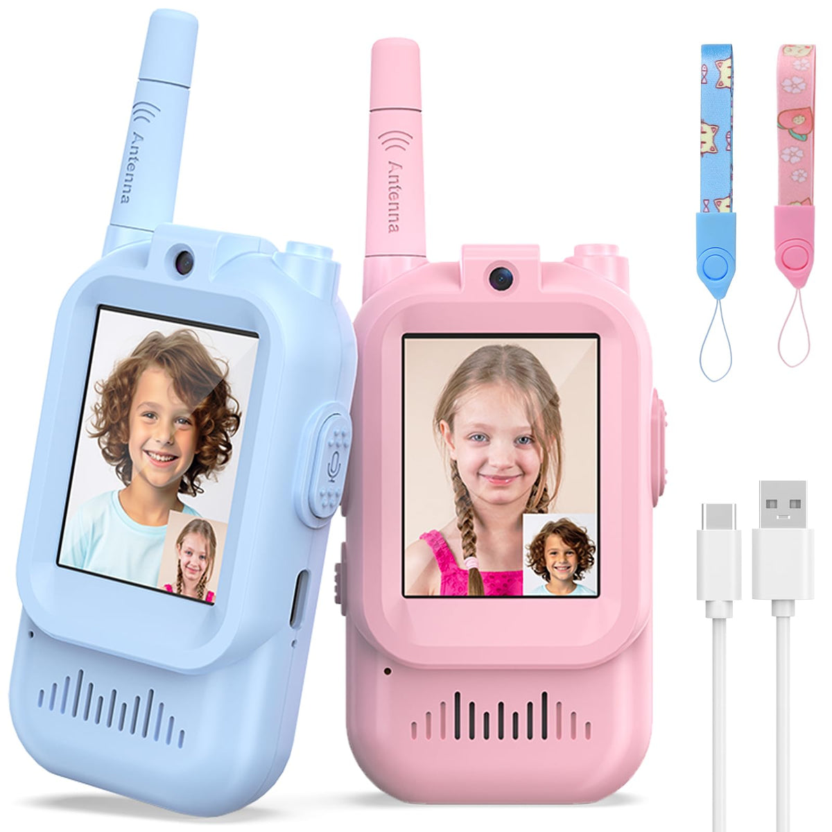 Hangrui Walkie Talkies Kids 2-Pack with pink and blue design for fun outdoor communication.