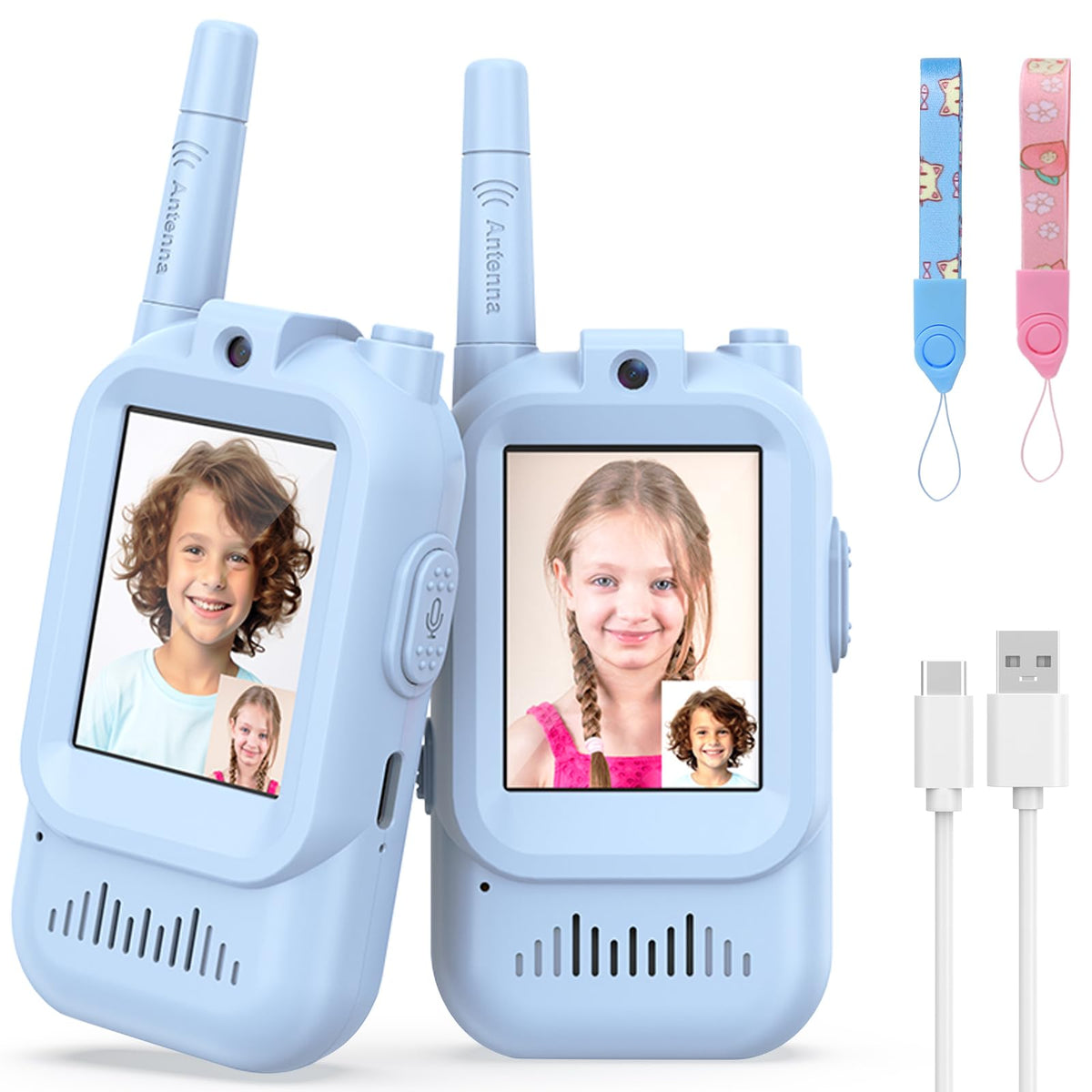 Hangrui Walkie Talkies for Kids pink-blue pack 2, ideal for outdoor playtime and sharing adventures.