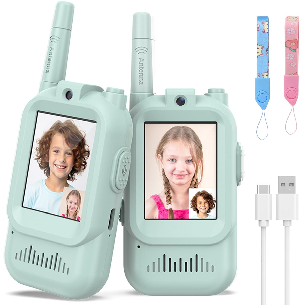Hangrui kids walkie talkies pink-blue with video chat for outdoor fun.