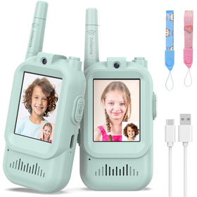 Hangrui kids walkie talkies pink-blue with video chat for outdoor fun.