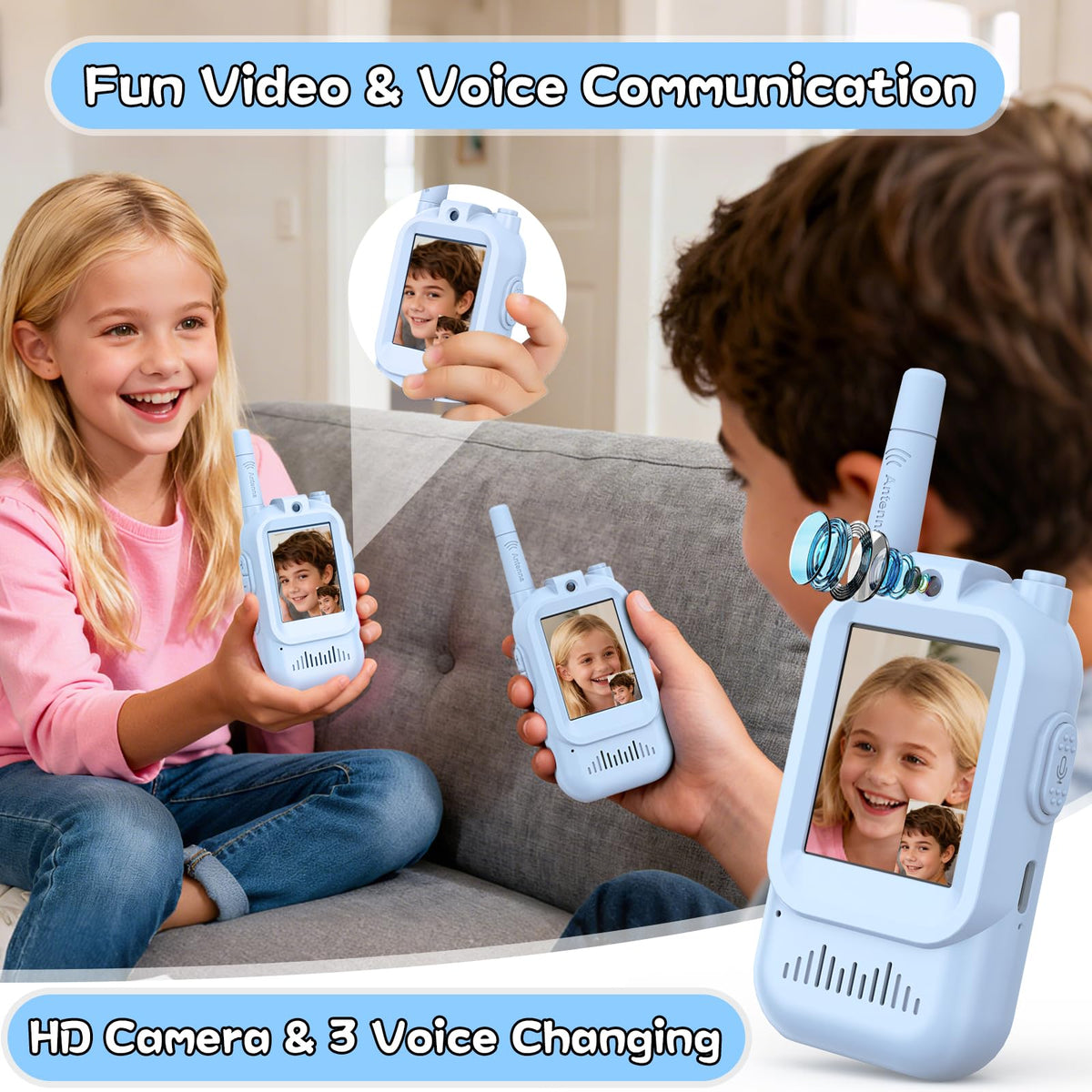 Hangrui walkie talkies kids video chat feature, enables seeing and talking during camping or backyard games.