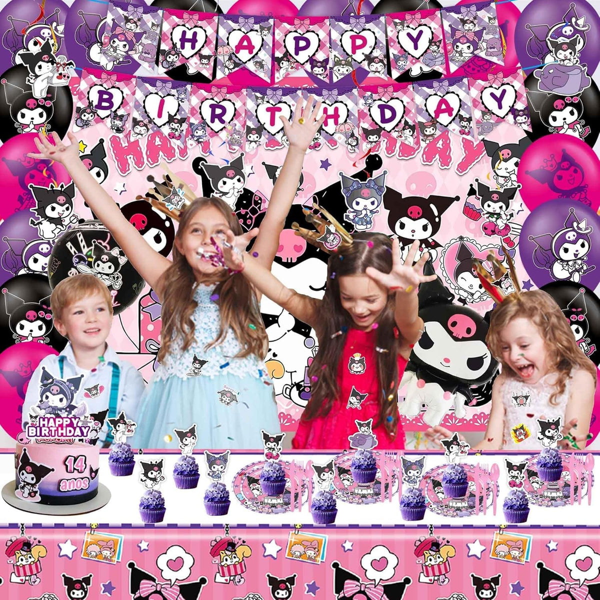 HANISNA Kuromi backdrop creates a vibrant scene for cake-cutting and selfies