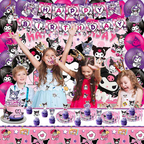 HANISNA Kuromi backdrop creates a vibrant scene for cake-cutting and selfies