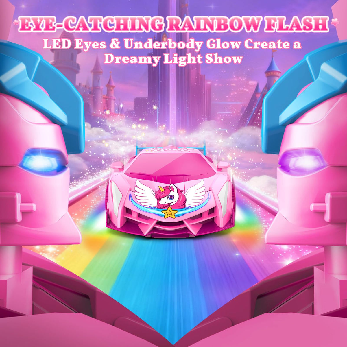 Underbody rainbow lights illuminate Hanroni transform RC car during playtime