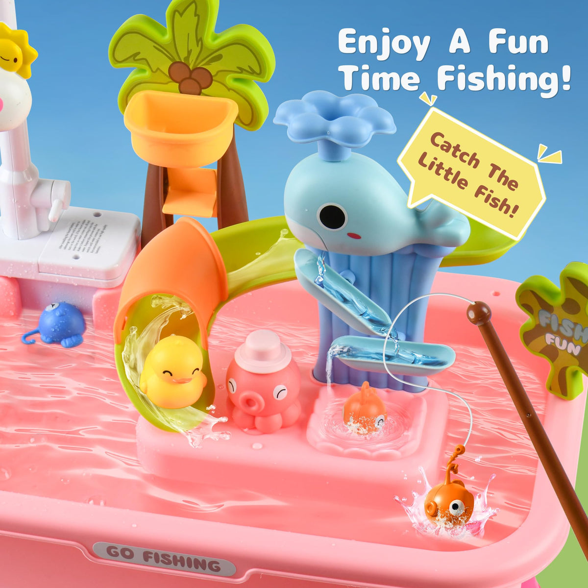 Hanyutom cloud electric tap demonstrates water flow during pretend washing tasks.