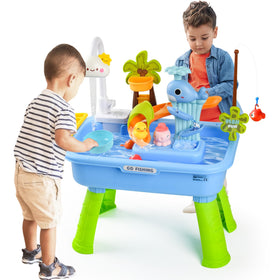 Hanyutom blue sand-water table with cloud faucet for imaginative play and water flow exploration.