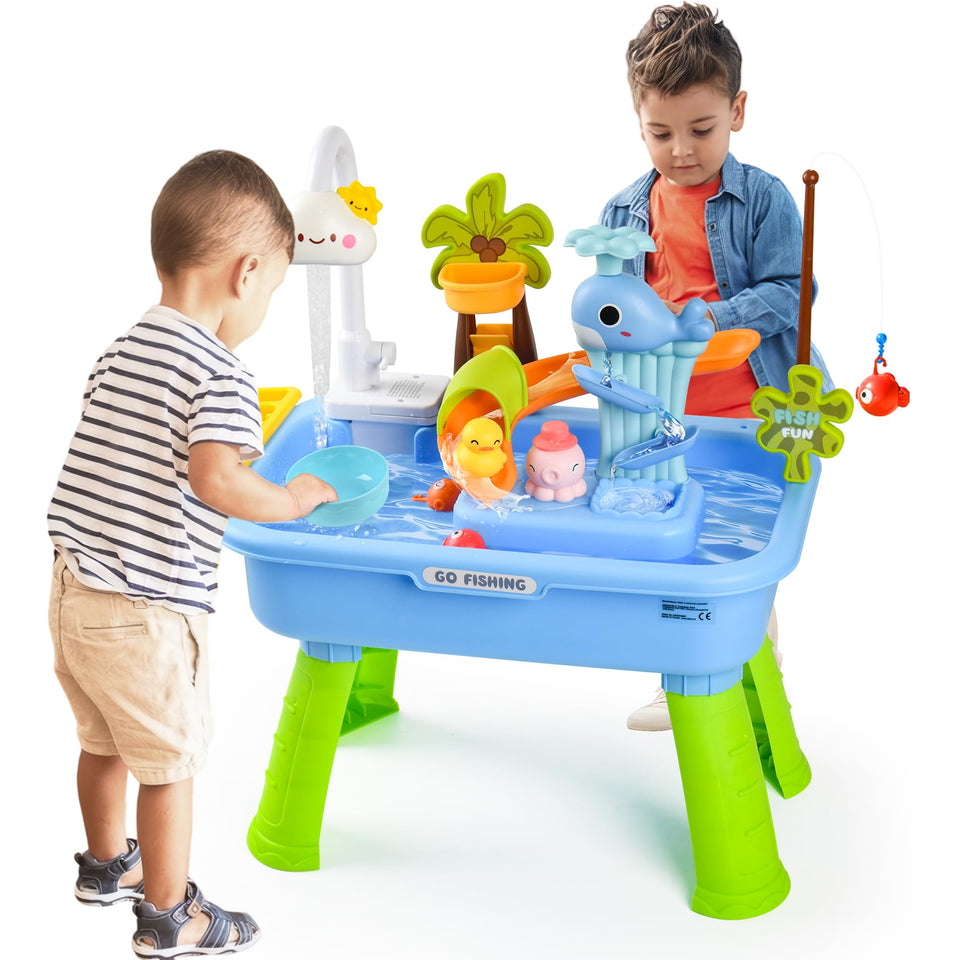 Hanyutom blue sand-water table with cloud faucet for imaginative play and water flow exploration.