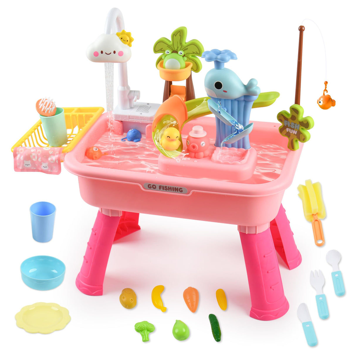 Hanyutom toddler water table with pink cloud faucet enhances imaginative play and fine motor skills.