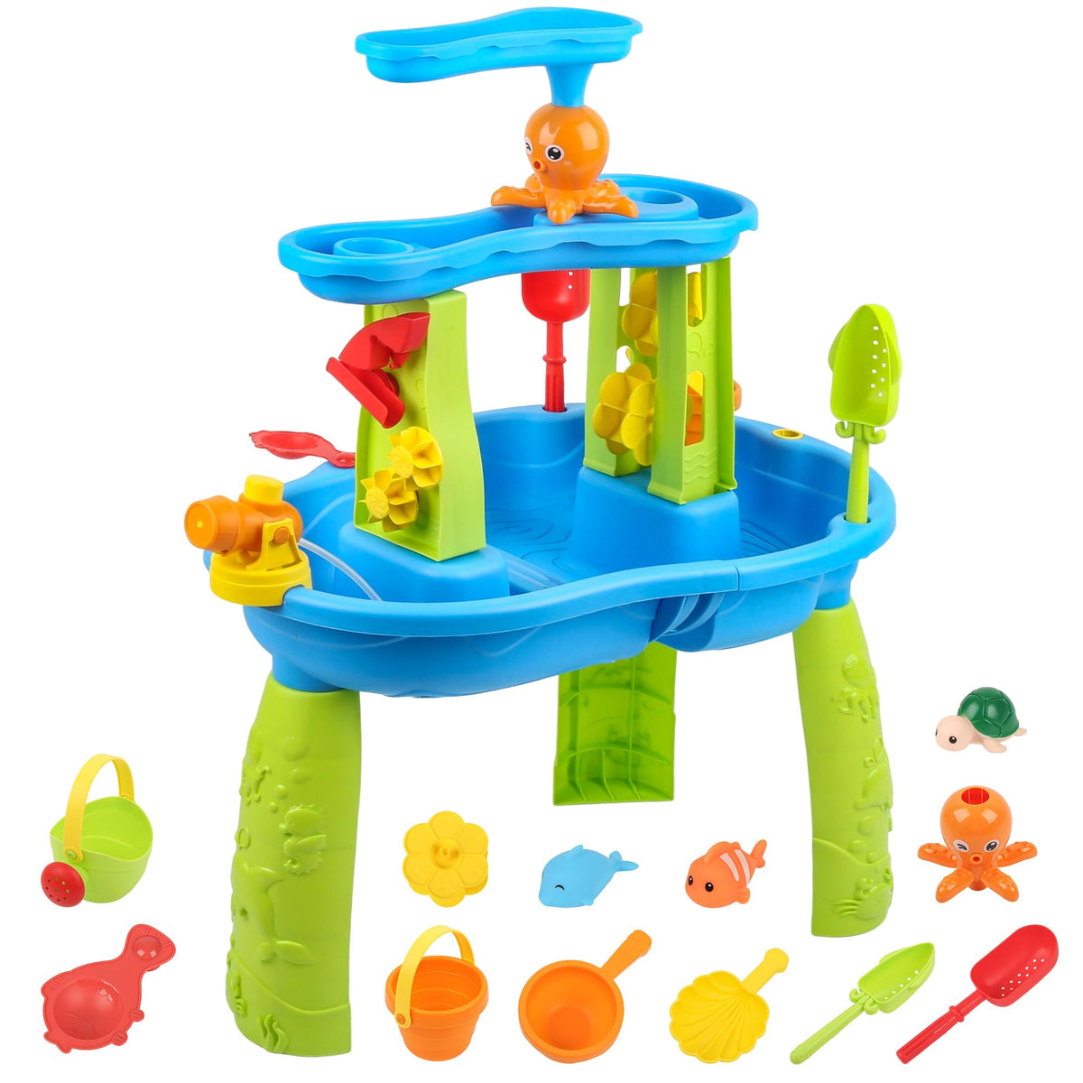 Hanyutom 3-tier table suited for sand, water, and summer fun.