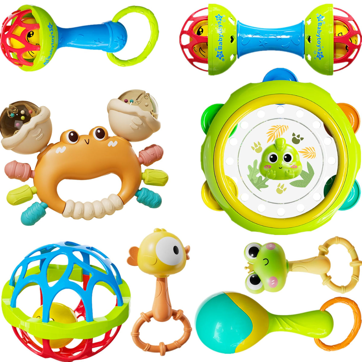 HAOHAOSHUA 8pc baby rattle front view shows safe grip for tiny hands.