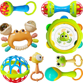 HAOHAOSHUA 8pc baby rattle front view shows safe grip for tiny hands.