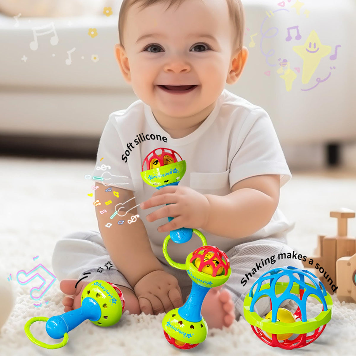 HAOHAOSHUA plush rings image highlights soft touch for soothing play.