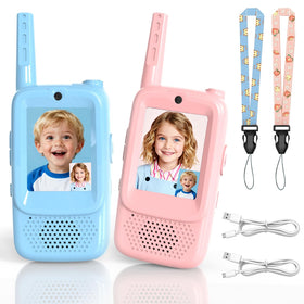 Haomuren video walkie talkies blue front view, easy communication during play