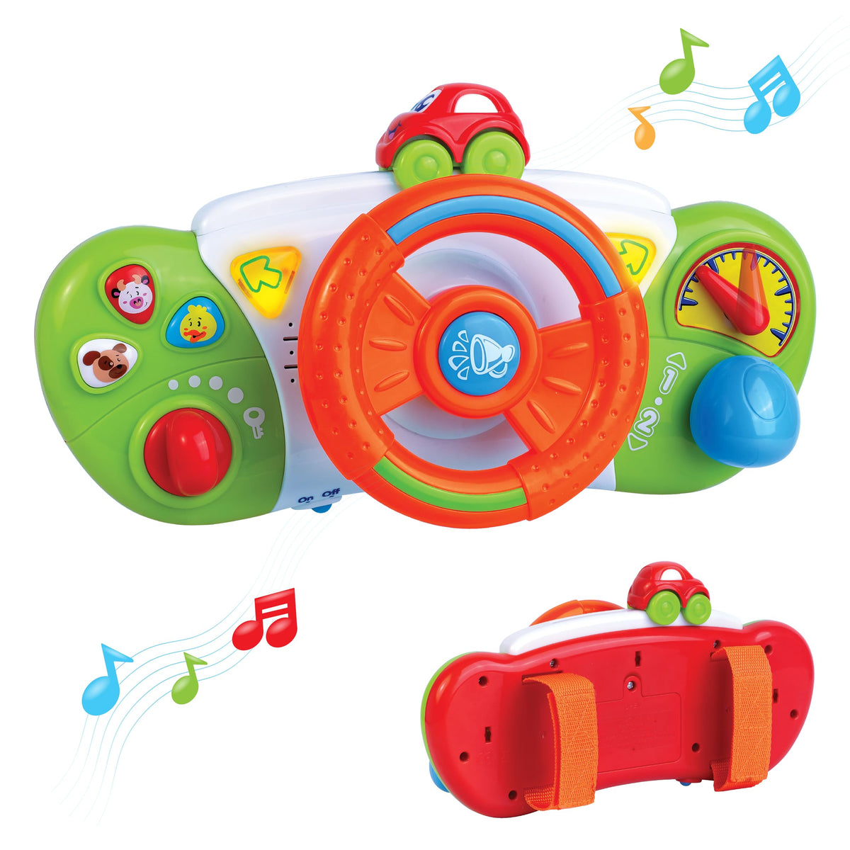 HAP-P-KID steering wheel stroller toy shown for imaginative drive and fine motor play.
