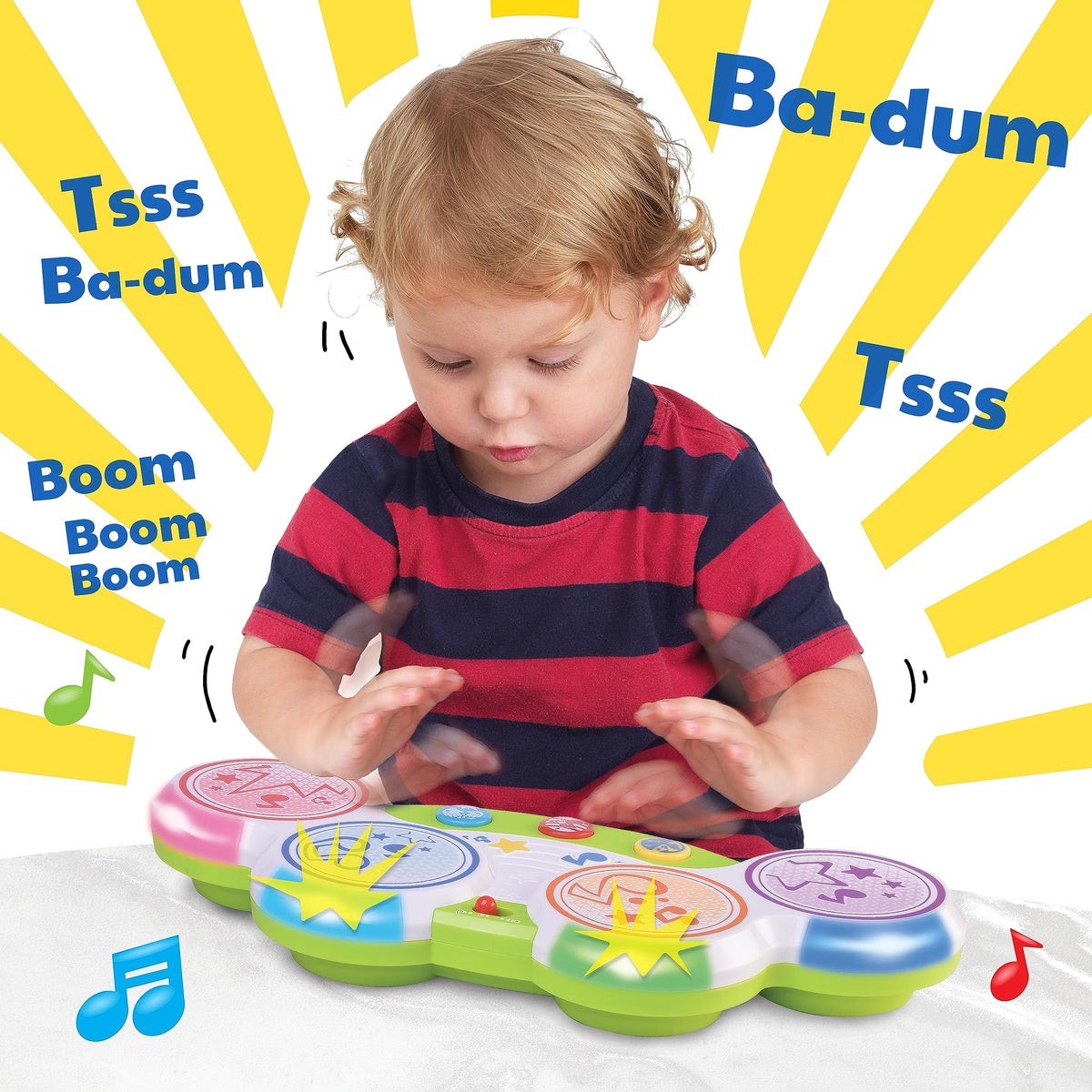 HAP-P-KID Magic Touch Drum built-in songs engage curious toddlers.