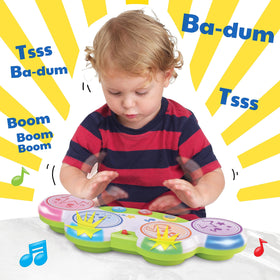 HAP-P-KID Magic Touch Drum built-in songs engage curious toddlers.