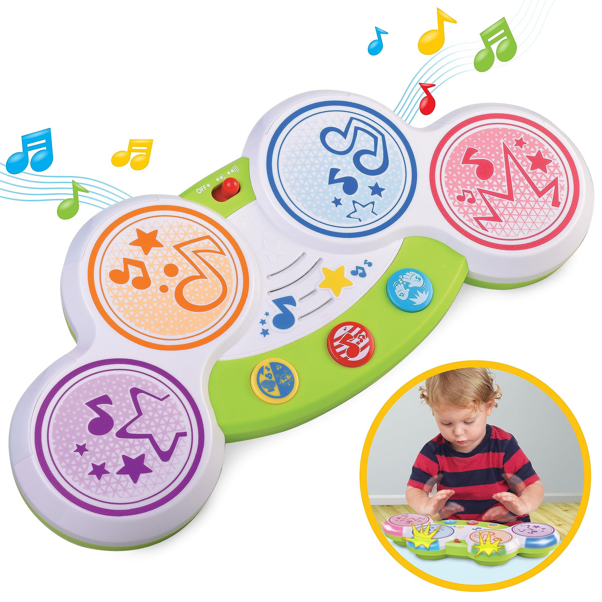 HAP-P-KID Magic Touch Drum front view with touch sensor inviting interactive play.