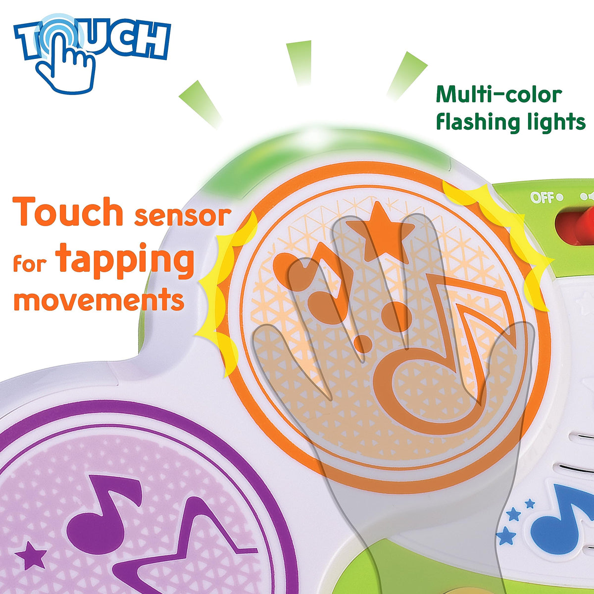 HAP-P-KID Magic Touch Drum mode switch supports drum and bongo play.