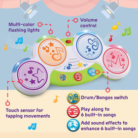HAP-P-KID Magic Touch Drum side panel demonstrates convenient volume control for quiet play.