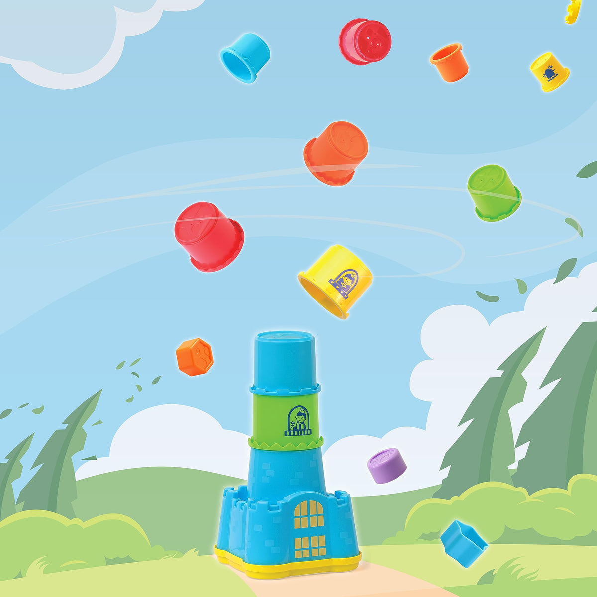 HAP-P-KID shape sorter feature on castle base promotes eye-hand coordination