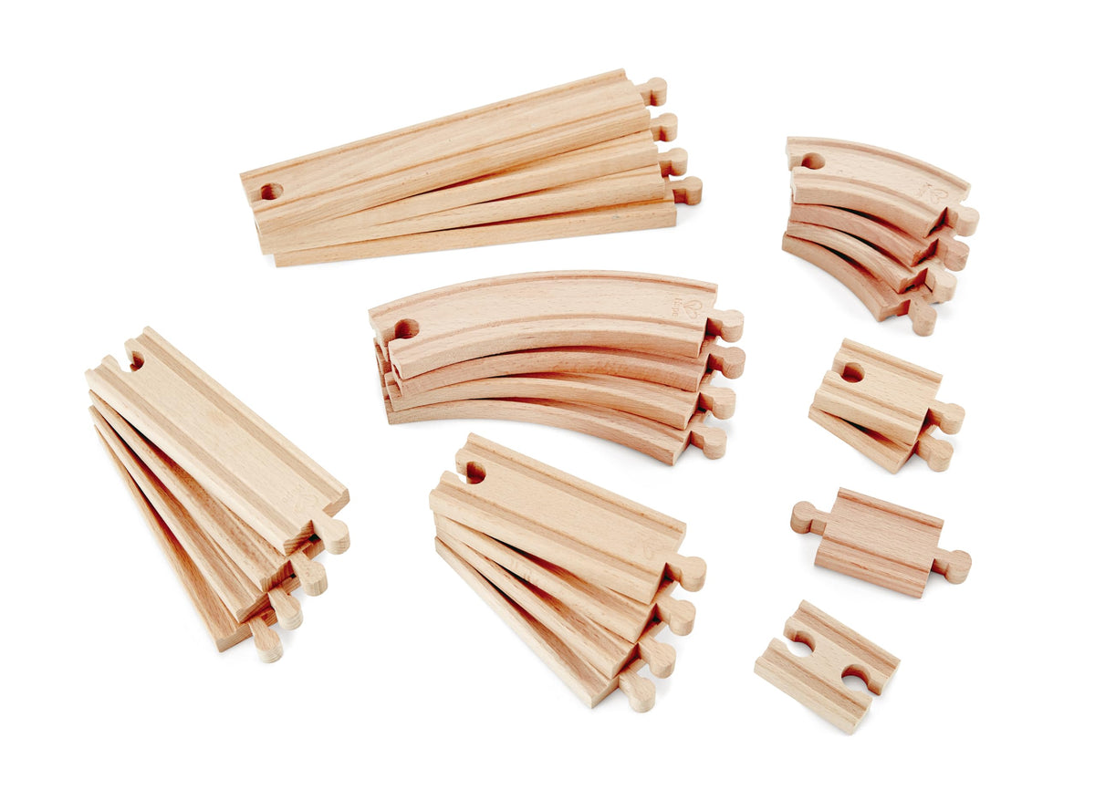 Hape 24-pcs wooden railway expansion straight tracks for versatile layouts.
