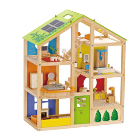 Hape All Seasons Dollhouse front view highlights award-winning design for imaginative play