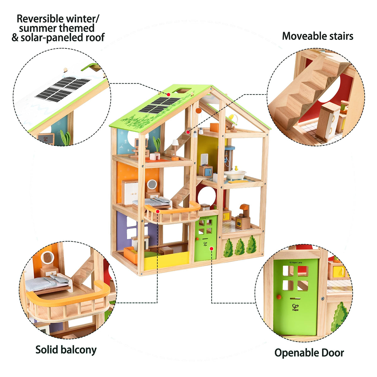 Hape All Seasons roof reverses for seasonal play, inviting seasonal storytelling
