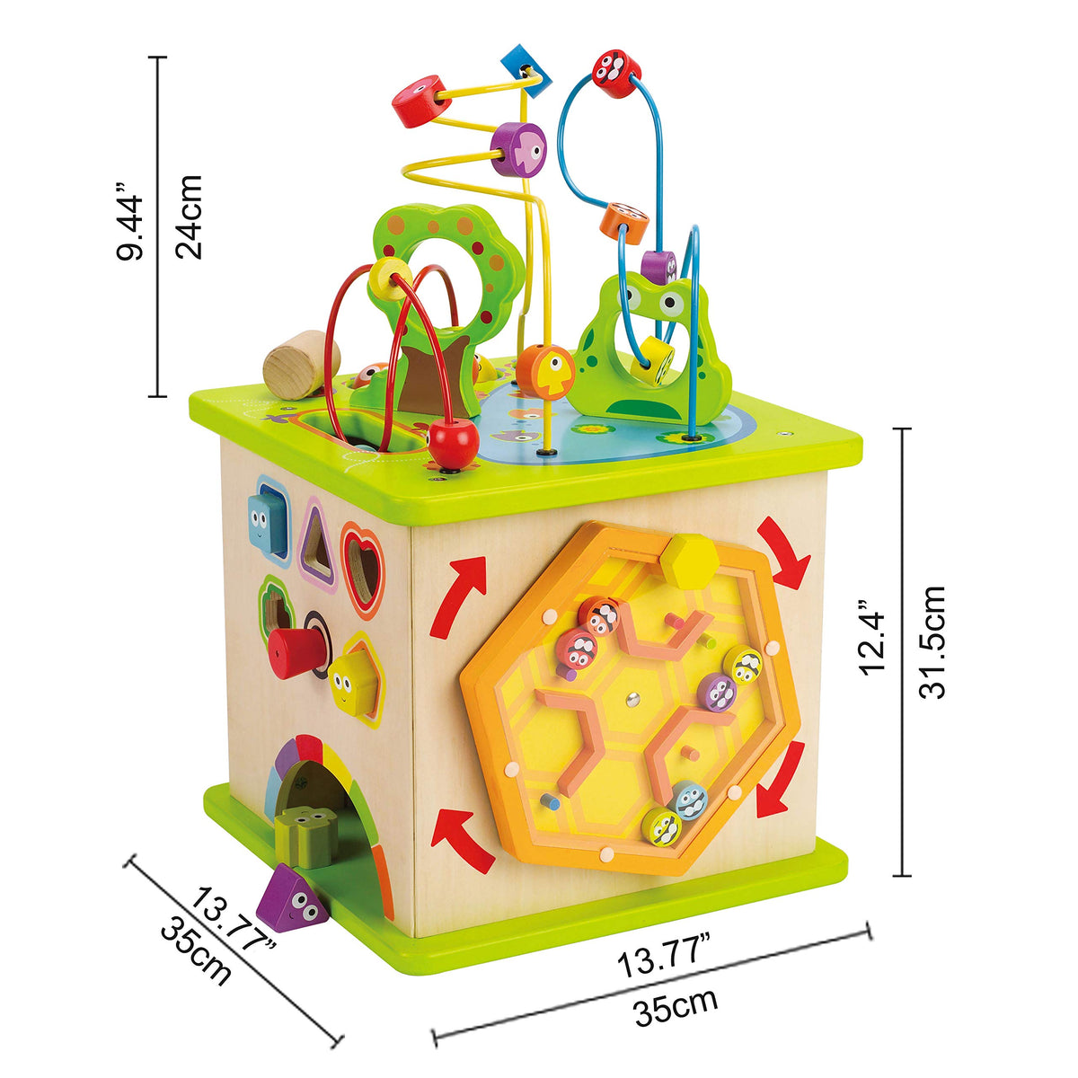 Hape Country Critters Play Cube side 5 ball tapping builds arm strength and hand-eye coordination.