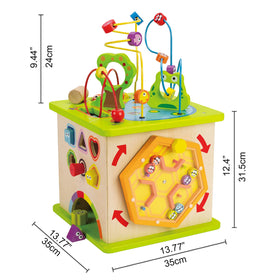Hape Country Critters Play Cube side 5 ball tapping builds arm strength and hand-eye coordination.