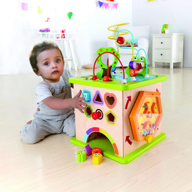 Hape Country Critters Play Cube wooden construction from FSC forests emphasizes durability.