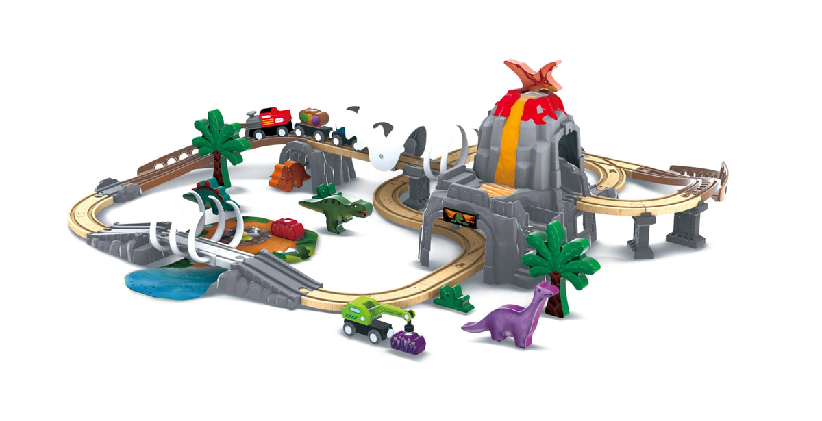 Hape Dinosaur Railway Adventure Set glow-in-the-dark skull for night play