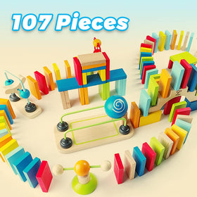 Hape Dynamo bridge feature adds drama to the domino racing setup.