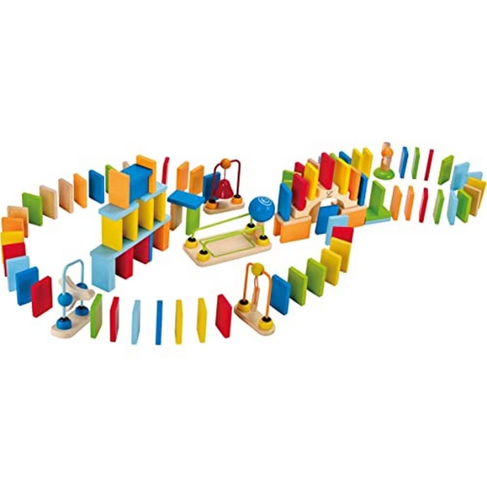 Hape Dynamo domino track with colorful pieces encouraging early spatial thinking.