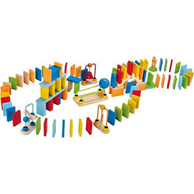 Hape Dynamo domino track with colorful pieces encouraging early spatial thinking.