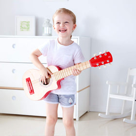 Hape Flame First Guitar 26-inch red front view showing tunable nylon strings