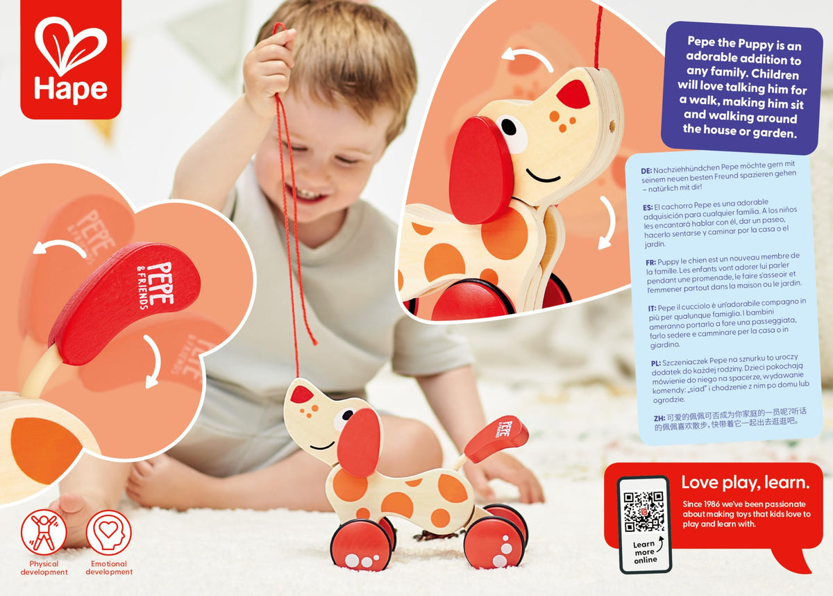 Hape Walk-A-Long Puppy uses FSC-certified wood for durable, eco-friendly fun.