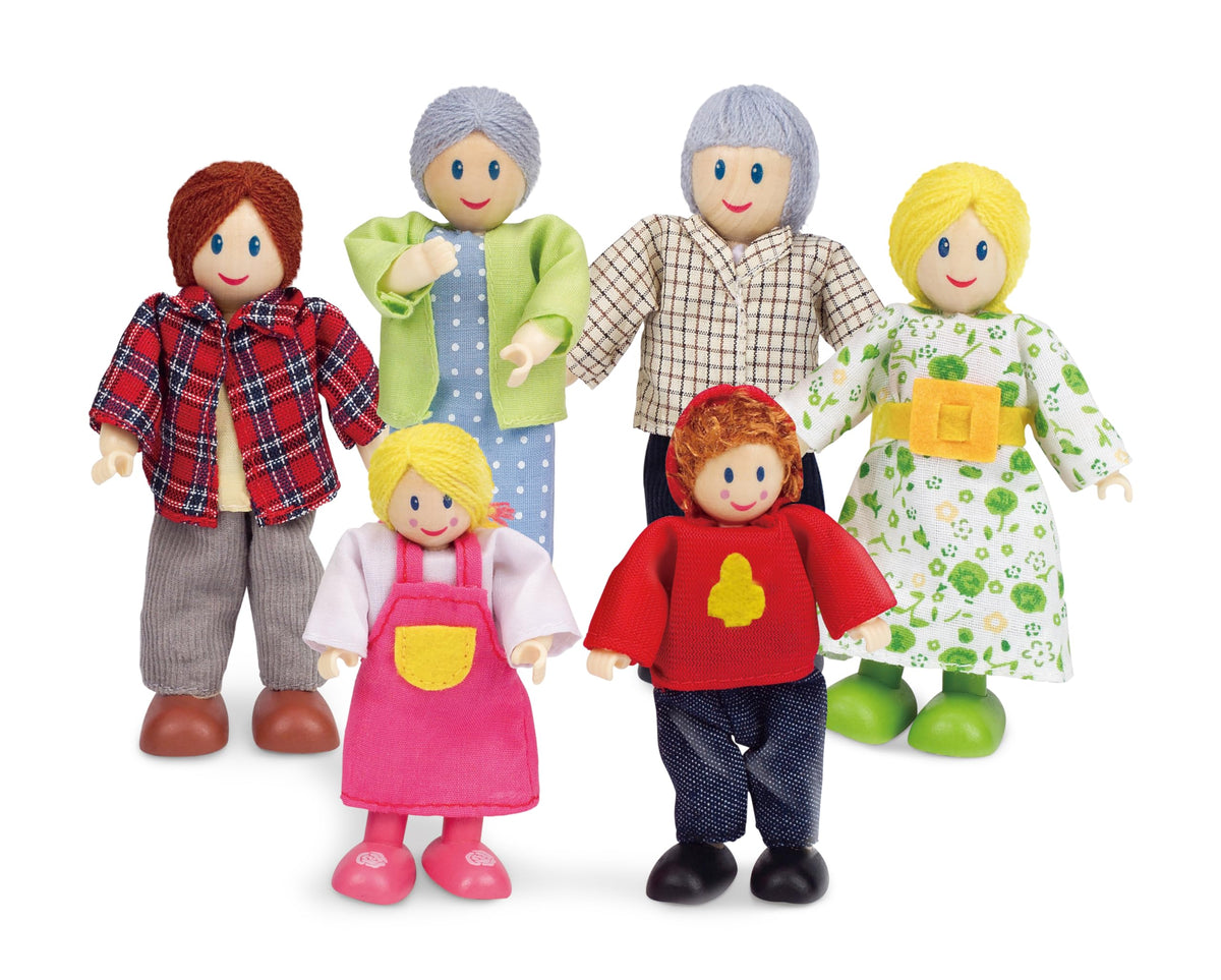 Hape Happy Family dolls showcase detailed costumes and hairstyles to spark imaginative role-play.