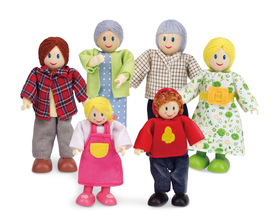 Hape Happy Family dolls showcase detailed costumes and hairstyles to spark imaginative role-play.