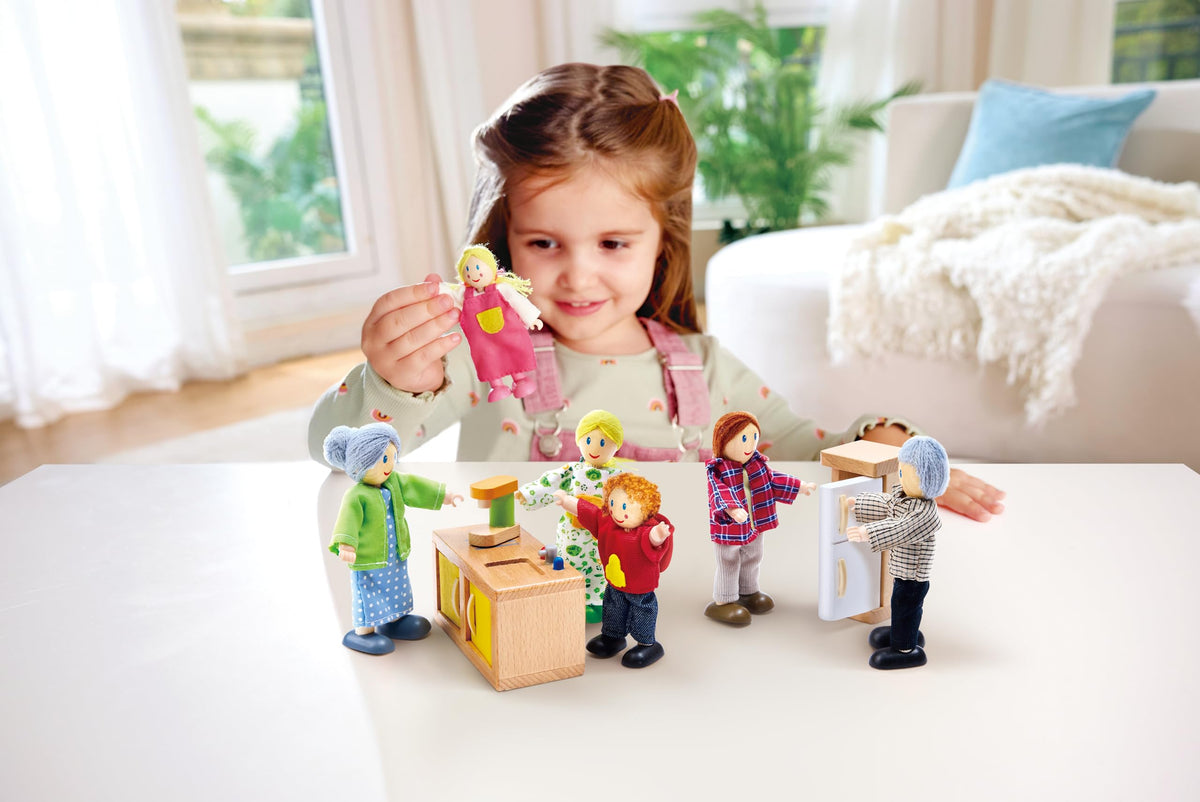 Hape Happy Family dolls encourage imaginative play and social scenario building in children.