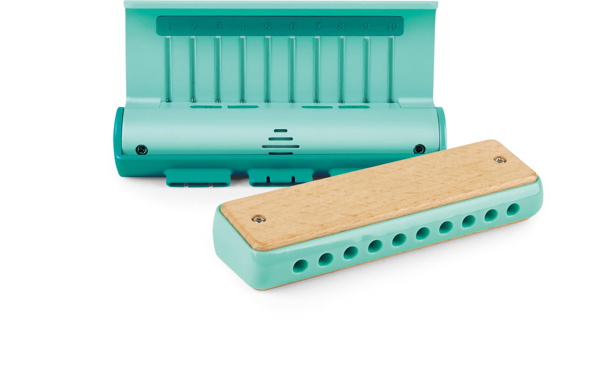 Hape harmonica guiding lights help kids learn blowing and sucking cues.