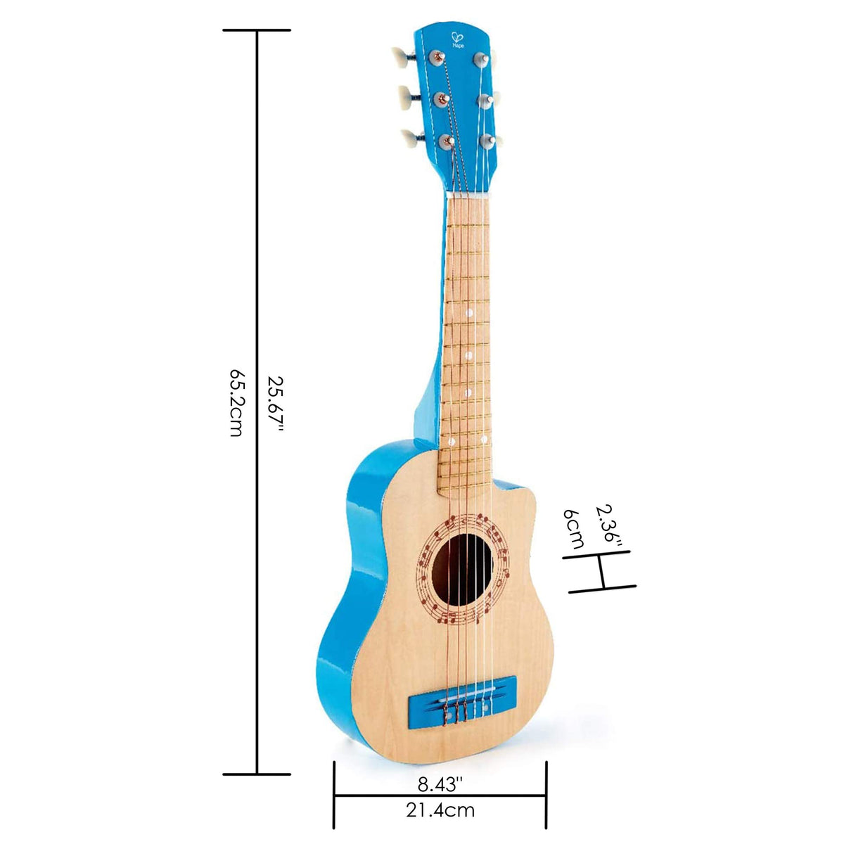 Hape kids guitar blue in use encourages strumming and rhythm discovery.