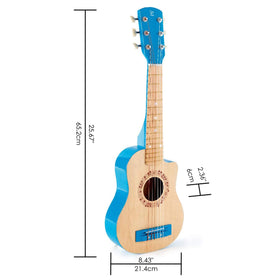 Hape kids guitar blue in use encourages strumming and rhythm discovery.